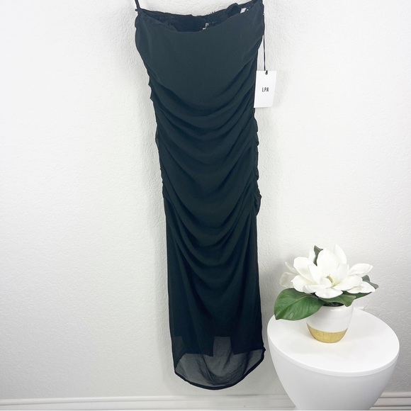 LPA Shirred Bustier Dress Black Strapless Midi Revolve XXS NWT - Picture 2 of 9